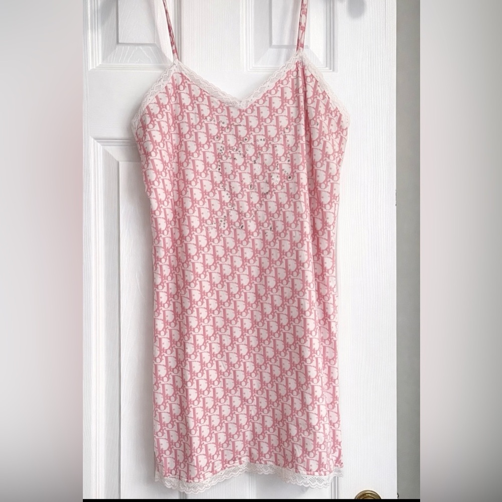 Dior Pink and White Logo Slip Dress with Crystal Accents